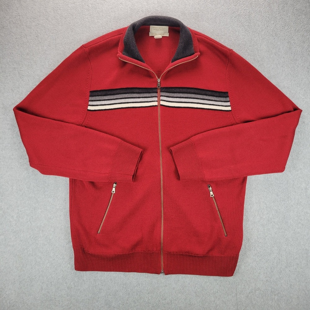 Banana Republic Mens Red Extra‎ Fine Italian Merino Wool Full Zip Sweater Large